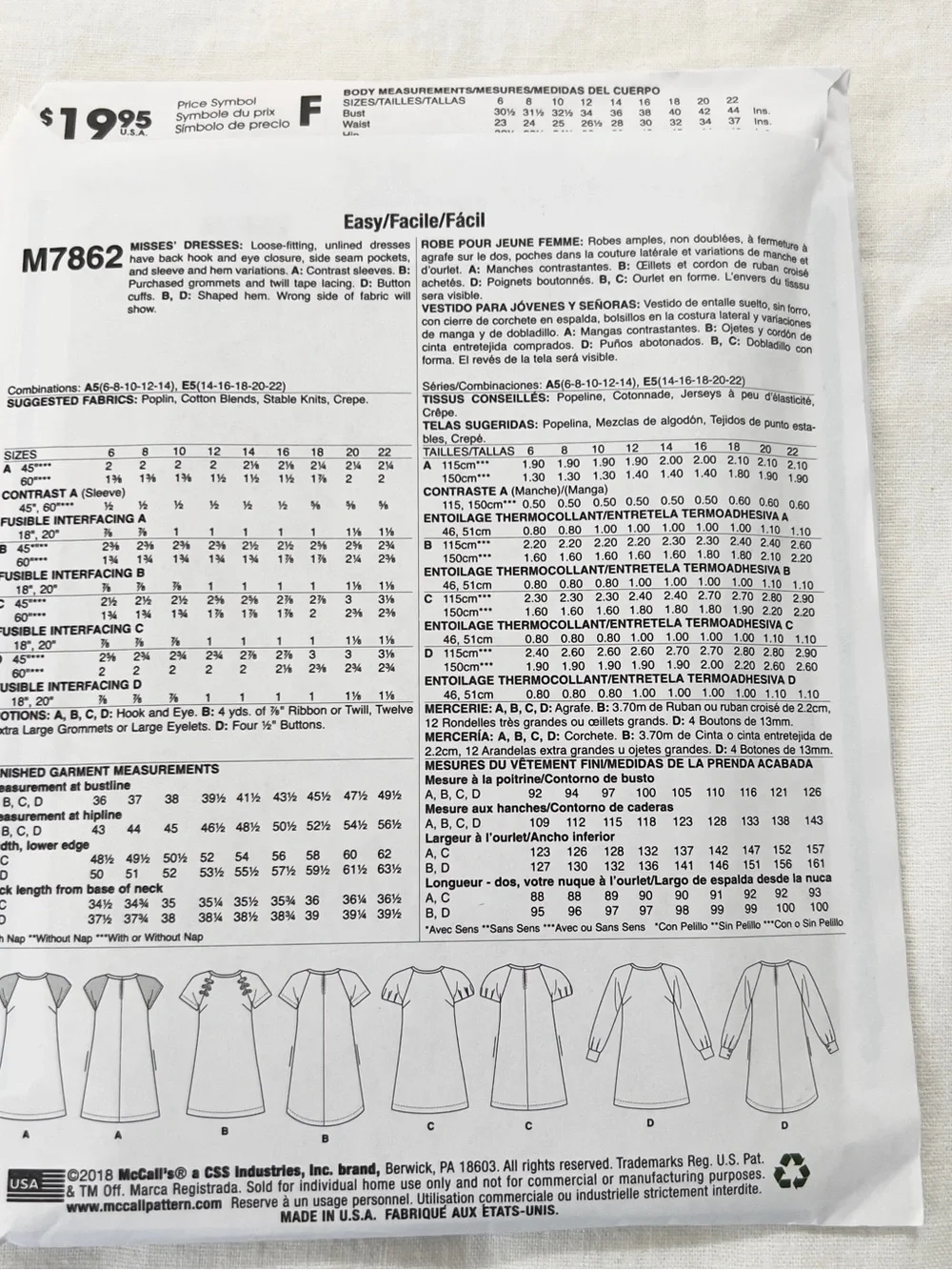 McCall’s M7862 Sewing Pattern Misses Shift Dress Size E5 14-22 Uncut